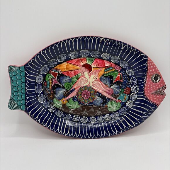 Mexican Folk Art Hand Painted Colorful Fish Platter Wall Hanging Plate 13” - Picture 1 of 9
